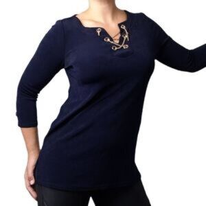 Travelers by Chico's Navy Blue 3/4 Sleeve Gold Toned Chain Tunic Size 1/8-10
